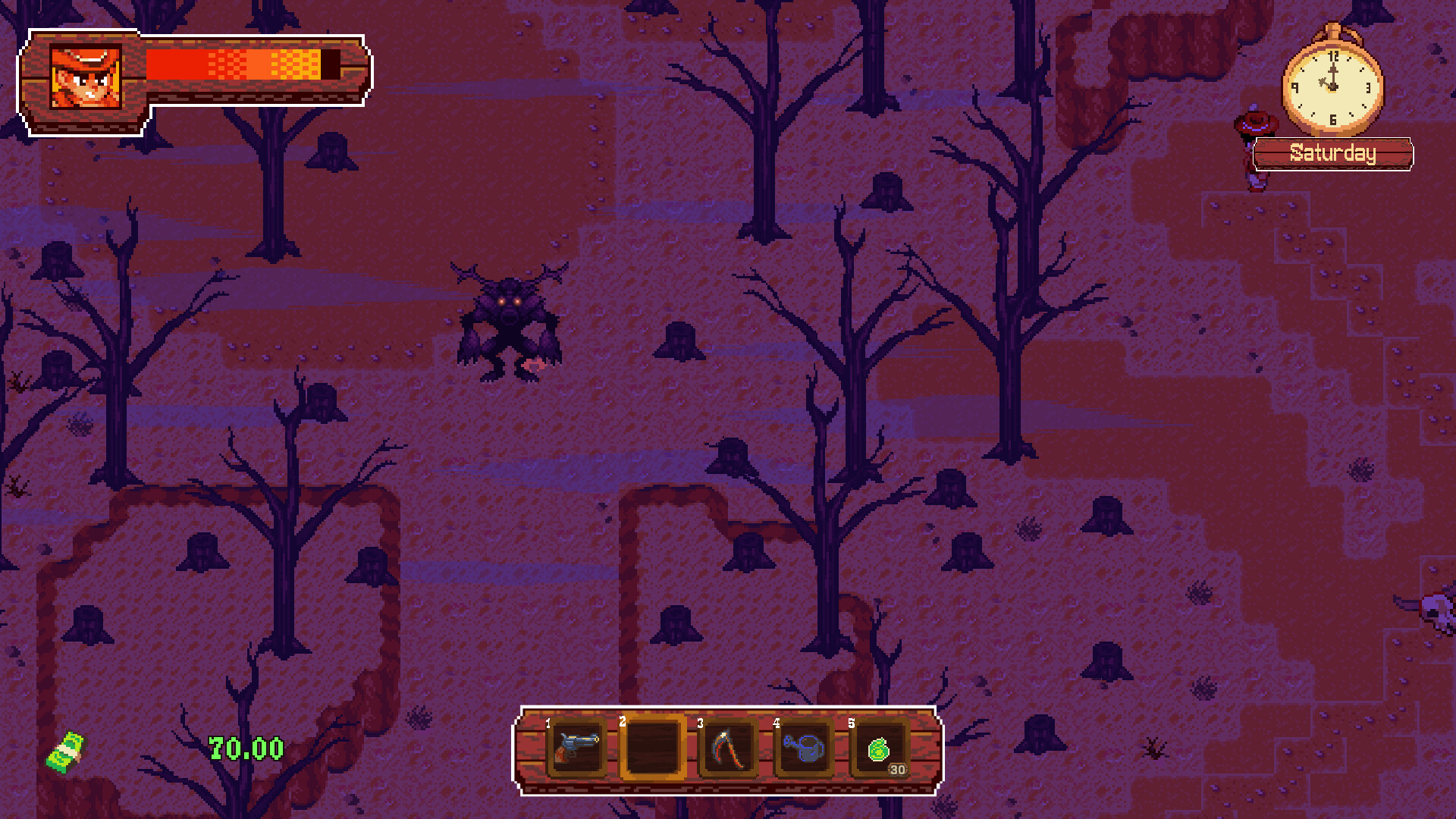 A shadowy creature with glowing eyes among the trees at night