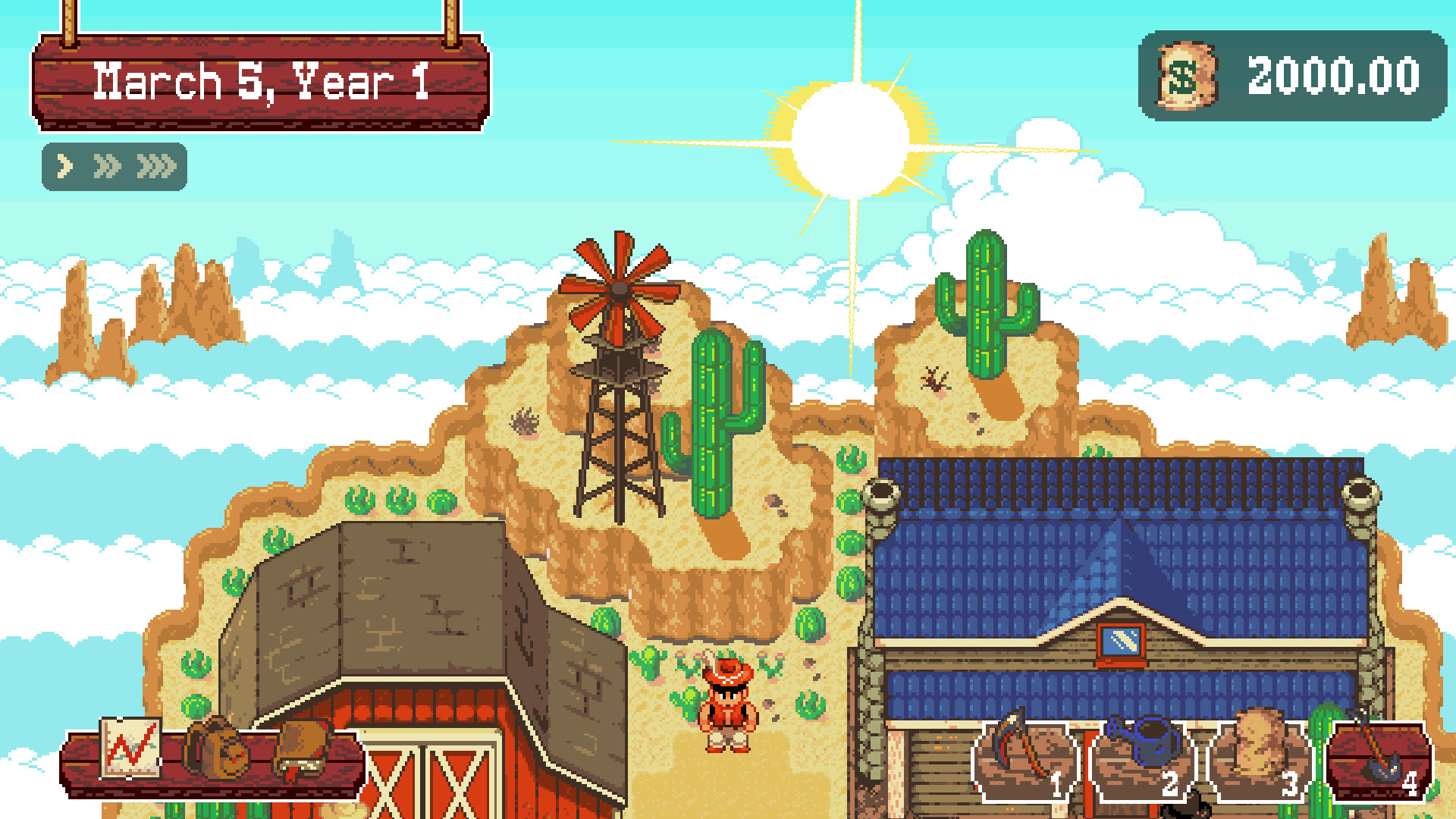 A frontier farm beneath a bright desert sky