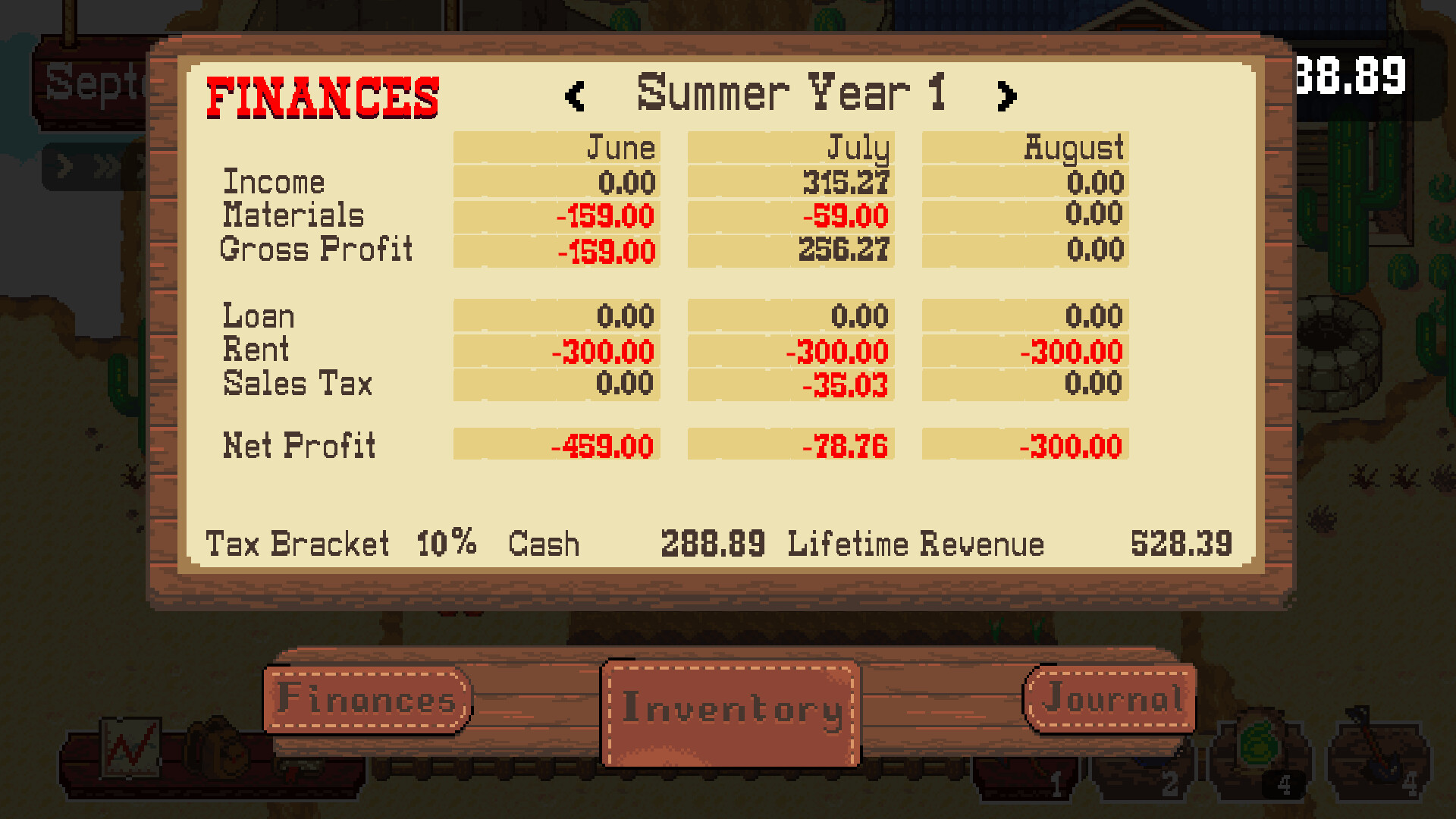 The Cactus Flats finances screen