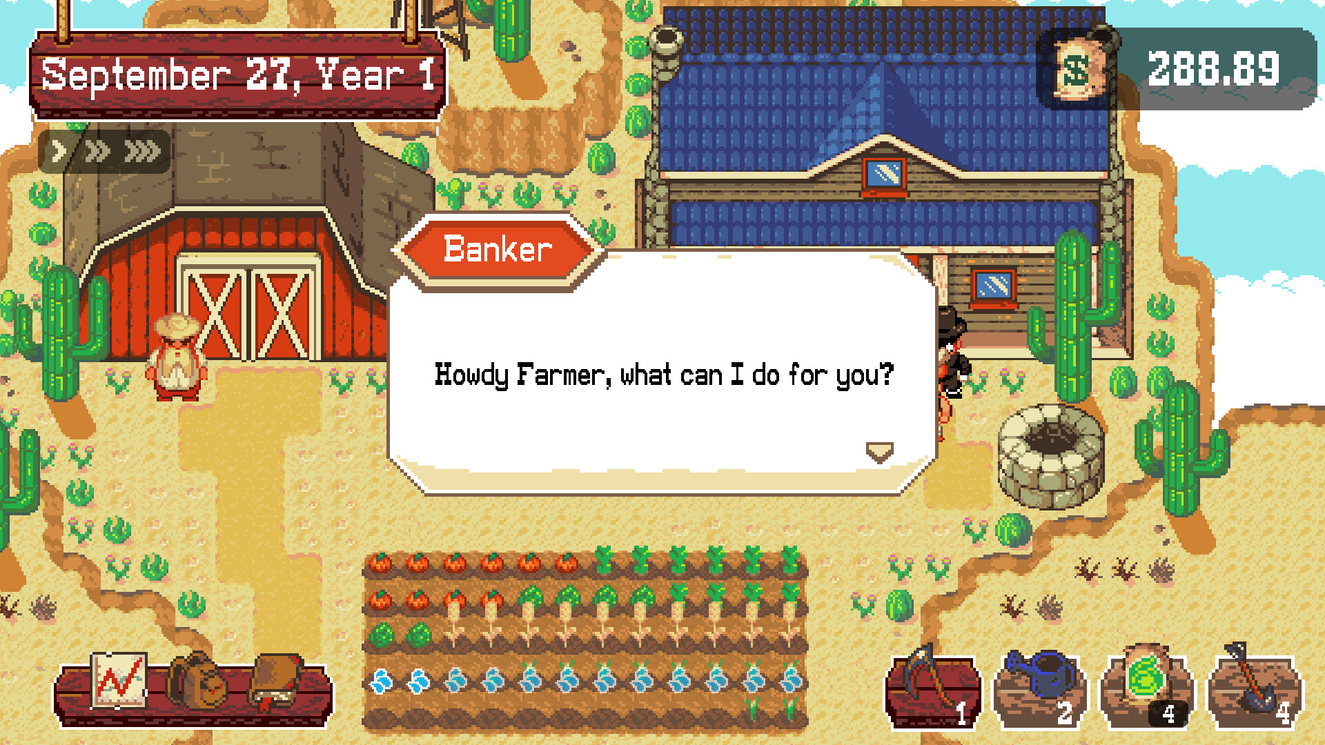 Talking to the banker beside a frontier field