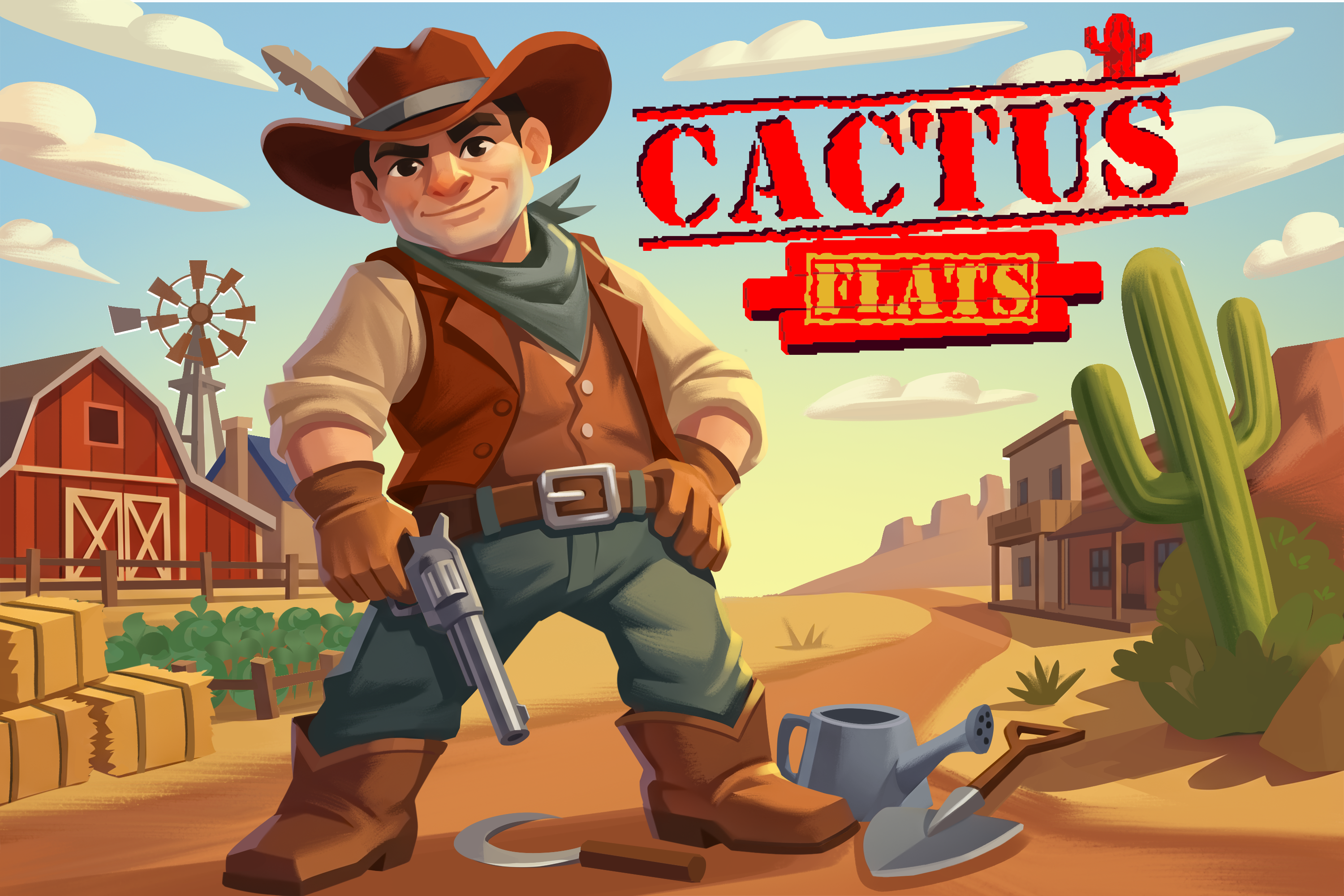 Cactus Flats cowboy standing between a frontier farm and desert town